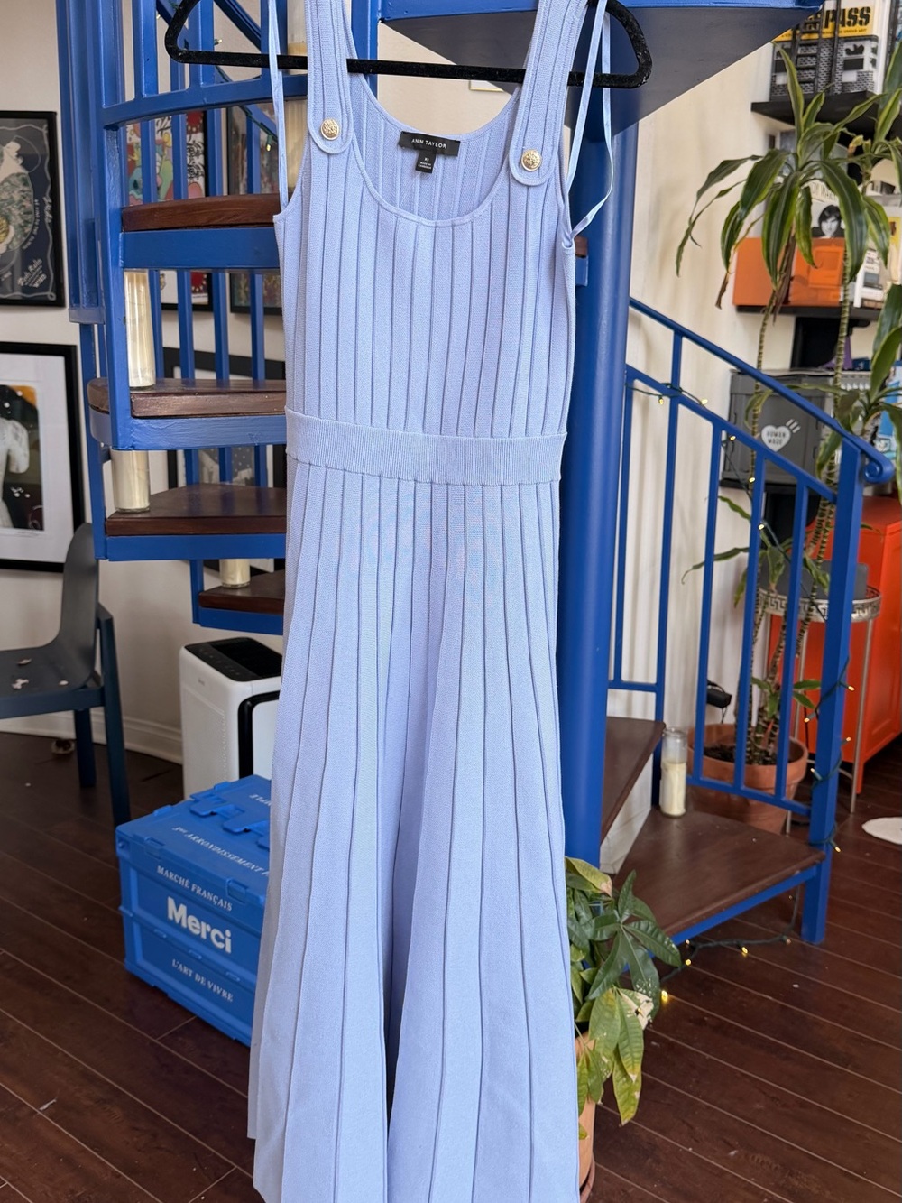 Ann Taylor Light Blue Ribbed Maxi Dress with Button Straps